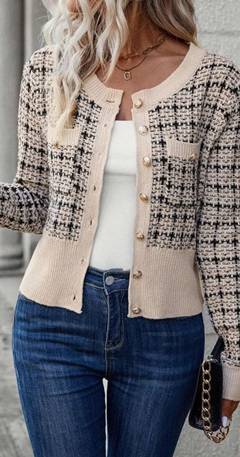 plaid, tweed jacket with gold buttons