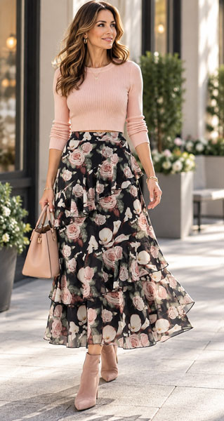 Boho floral Midi skirt with a pink sweater and ankle boots